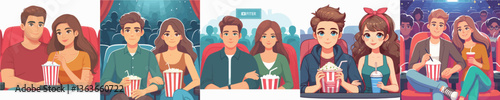 Vector of a couple on a date watching a movie at the cinema.