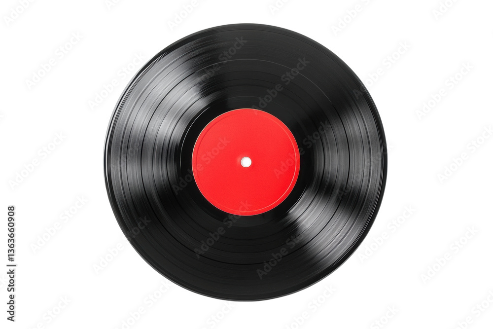 Classic black vinyl record with red label on black background, cut out Classic black vinyl record with red label on black background, cut out