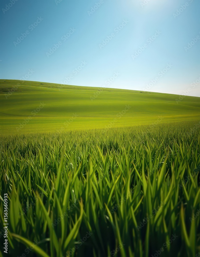 Obraz premium Vast, verdant field stretching to a brilliant blue sky, landscape, color