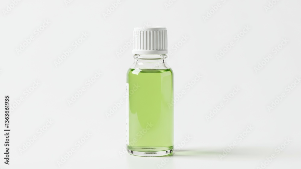 A bottle with green liquid, white cap on white background. Product shot A bottle with green liquid, white cap on white background. Product shot