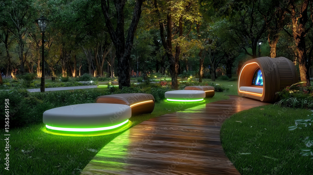 Fototapeta premium a futuristic city park with hover benches and holographic displays