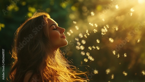 An enchanting scene showcasing a woman basking in golden sunlight