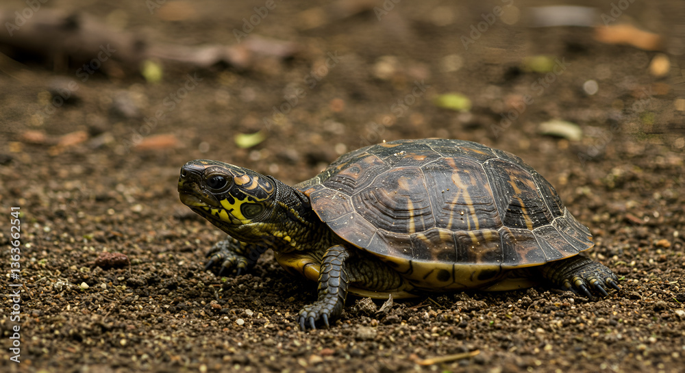 Eastern Box Turtle Strolling on Earthy Ground Close Up Detailed View Eastern Box Turtle Strolling on Earthy Ground Close Up Detailed View