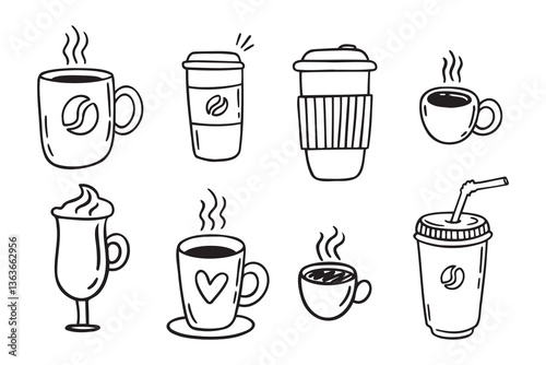 Coffee cups doodle set. coffee cup hand drawn line signs. Outline coffee cups