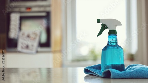 Blue cleaner rests near cloth inside clean kitchen