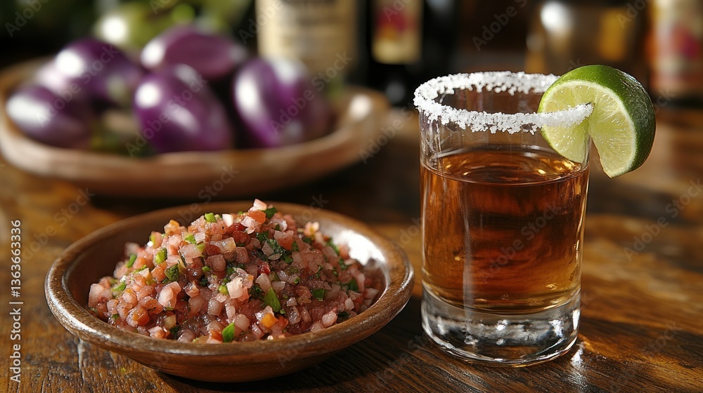 Fototapeta premium Spicy Tequila Shot with Salsa and Eggplants