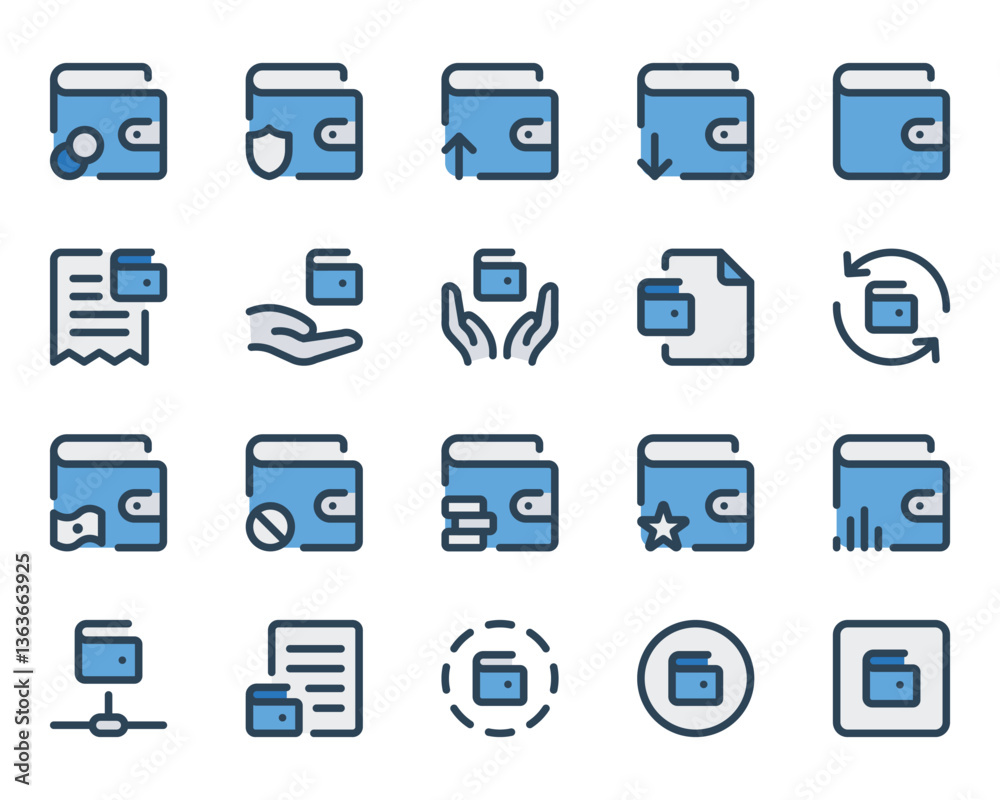 Filled blue outline icons set for Wallet, purse, savings, cash. Filled blue outline icons set for Wallet, purse, savings, cash.