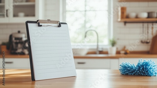 Clipboard rests atop counter amidst bright kitchen shows checklist organization planning routine cleaning tasks