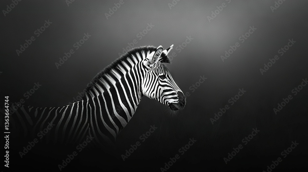   A black-and-white photo of a zebra's head