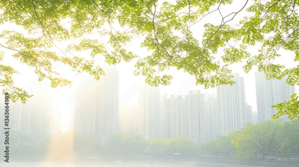 Obraz premium Sunrise over city park, hazy morning, urban nature contrast, peaceful scene, website banner
