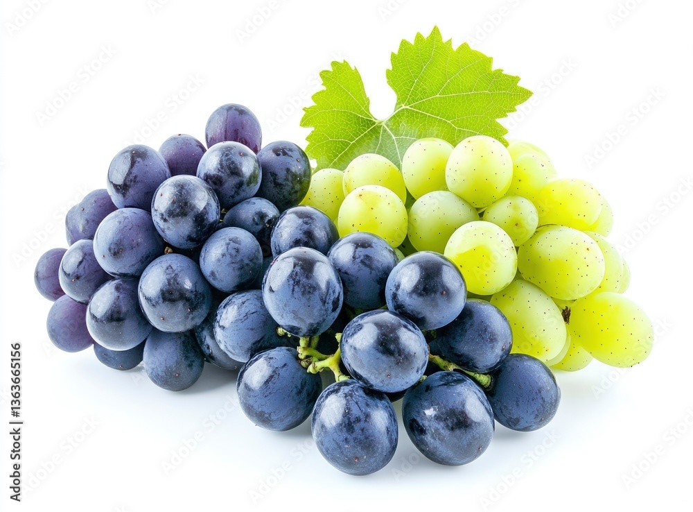 Fototapeta premium Fresh Grape Bunch with Green Leaf Isolated on White Background