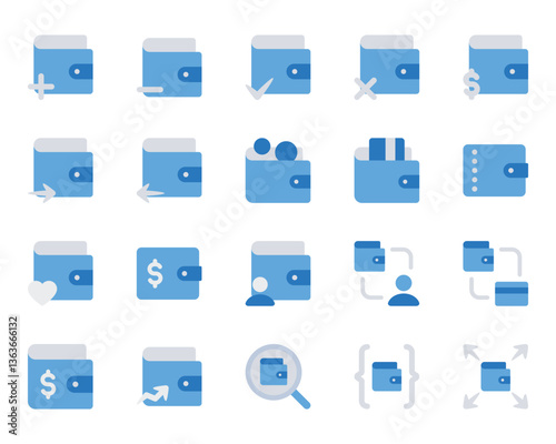 Blue color icons set for Wallet, purse, savings, cash.