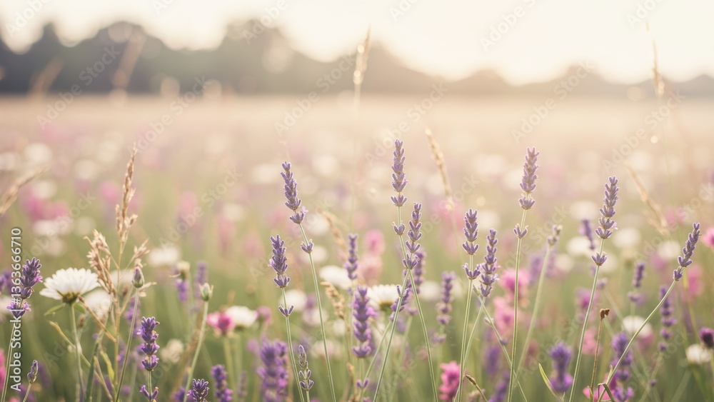 Naklejka premium Serene field of lavender and wildflowers in soft sunlight.