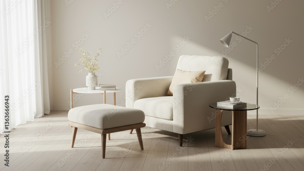 Fototapeta premium Elegant armchair with ottoman & accessories in light neutral tones.