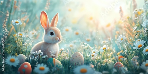 Cute rabbit surrounded by colorful eggs in a vibrant spring meadow filled with daisies and sunlight