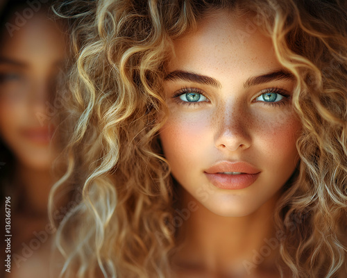 Woman with bright blue eyes and curly blonde hair, another woman blurred in the background