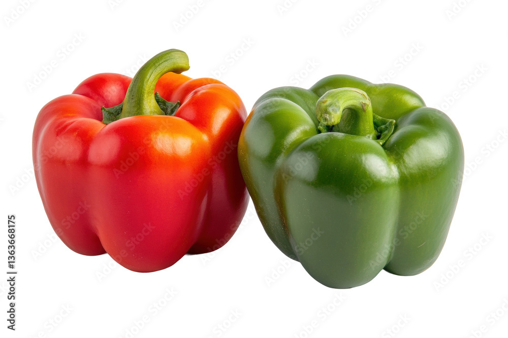 Close-up of vibrant red and green bell peppers on white background, cut out Close-up of vibrant red and green bell peppers on white background, cut out