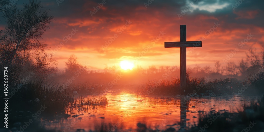 Sunset reflection over a calm lake with a cross in the foreground creating a serene atmosphere
