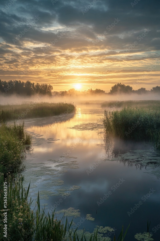 A golden sunset casts a warm glow over a misty river, reflecting on the water's surface. Silhouettes of trees and the skyline are visible in the distance under the foggy evening. A golden sunset casts a warm glow over a misty river, reflecting on the water's surface. Silhouettes of trees and the skyline are visible in the distance under the foggy evening.