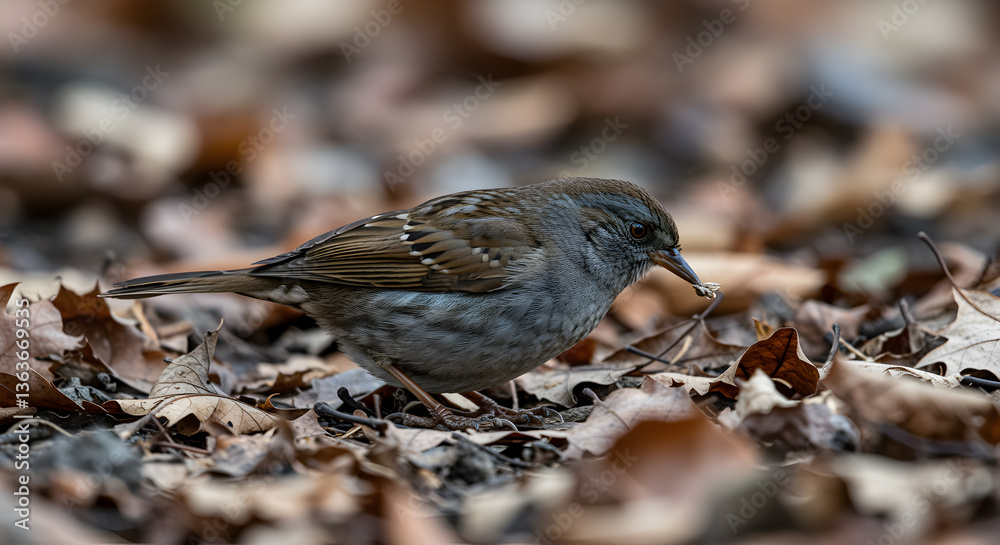 A dunnock foraging in the undergrowth with fallen leaves, searching for food A dunnock foraging in the undergrowth with fallen leaves, searching for food