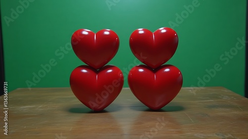 Two pairs of stacked red hearts on wood.