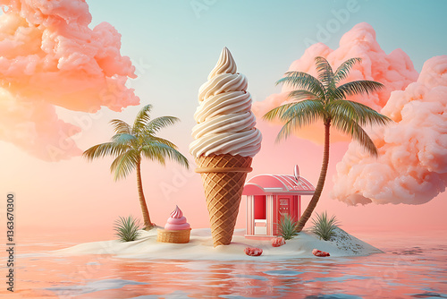 Dreamy island with a giant ice cream cone pink clouds palm trees and a pink beach house.