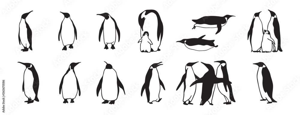 Obraz premium penguin logo doodle hand drawn icon set. Outline drawing penguin line clipart symbol collection