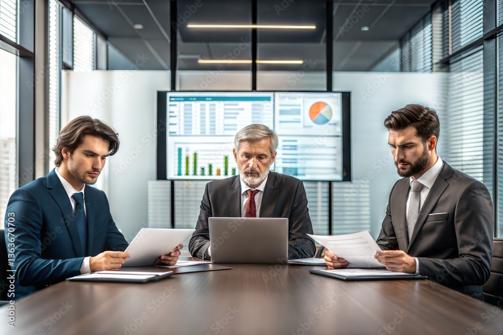 Professional business lawyers strategizing financial matters at a law firm. (Law) Professional business lawyers strategizing financial matters at a law firm. (Law)