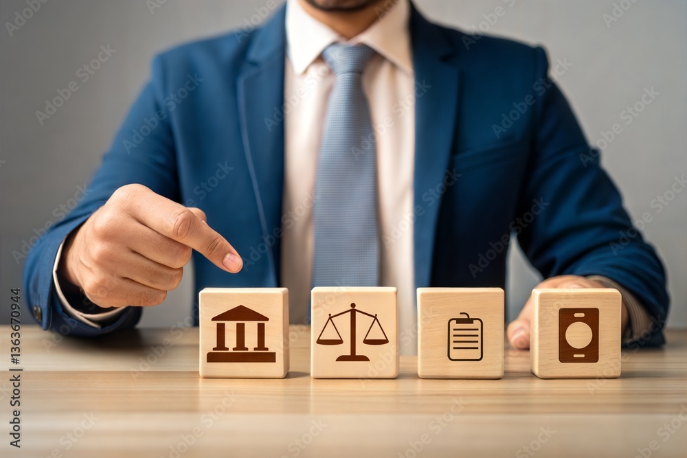 Obraz premium Lawyer Demonstrating Legal Concepts with Icon Blocks 