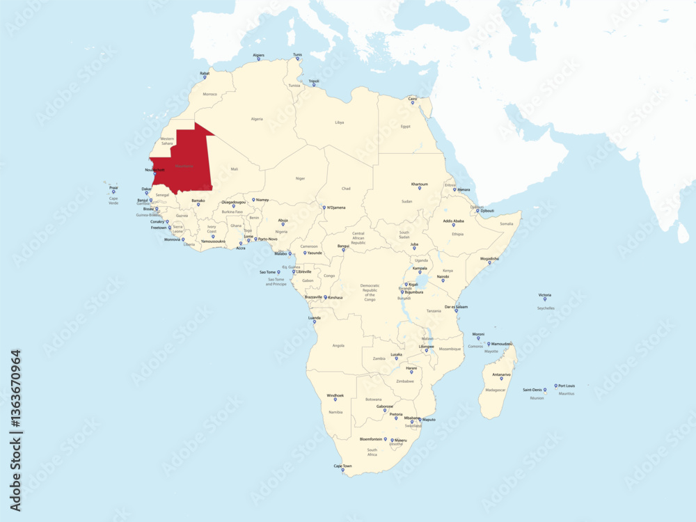 Fototapeta premium Detailed national location map of MAURITANIA within the great continent of Africa