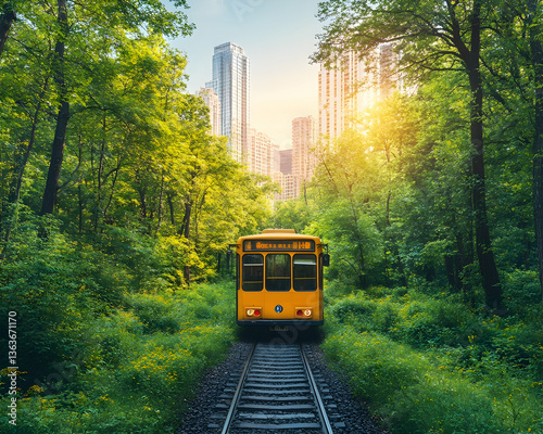 Yellow railcar enters forest path toward distant cityscape, sunshine