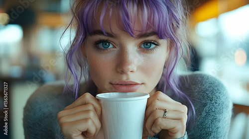 Woman with purple hair gazes while holding a white cup in a warm, blurred setting