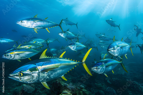 Graceful Schooling of Yellowfin Tuna in a Vivid Underwater Ocean Scene