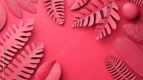Pink tropical leaves flat lay design, vibrant background, creative