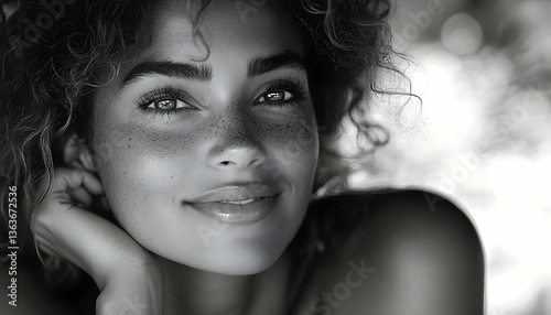Woman's black & white portrait Bright eyes, freckles, curly hair, natural light & background blur