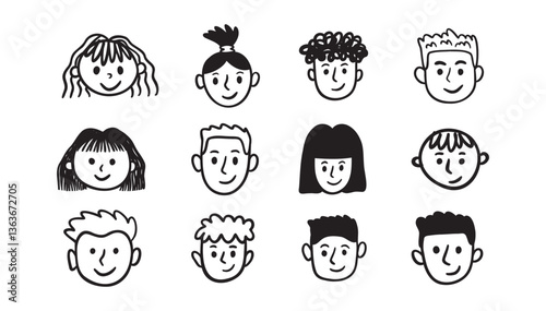 Kids faces portraits set. freehand kids pencil drawing elements. Comic child funny doodle faces set.