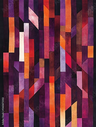 Geometric abstraction composed of vertical lines and polygonal shapes in rich colors