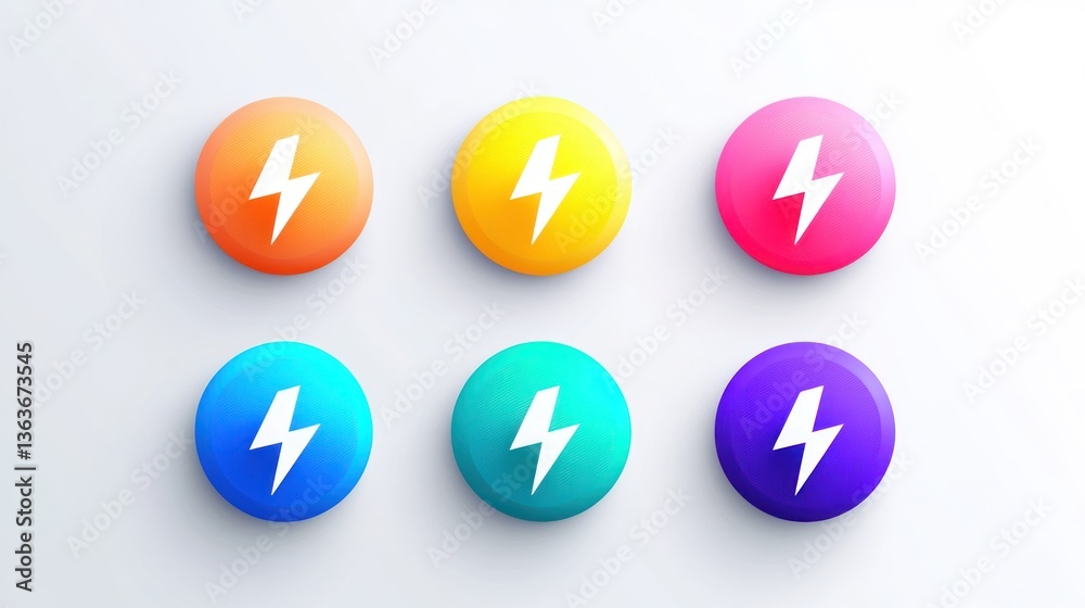 Colorful lightning bolt icons; app design elements; white background; website interface Colorful lightning bolt icons; app design elements; white background; website interface
