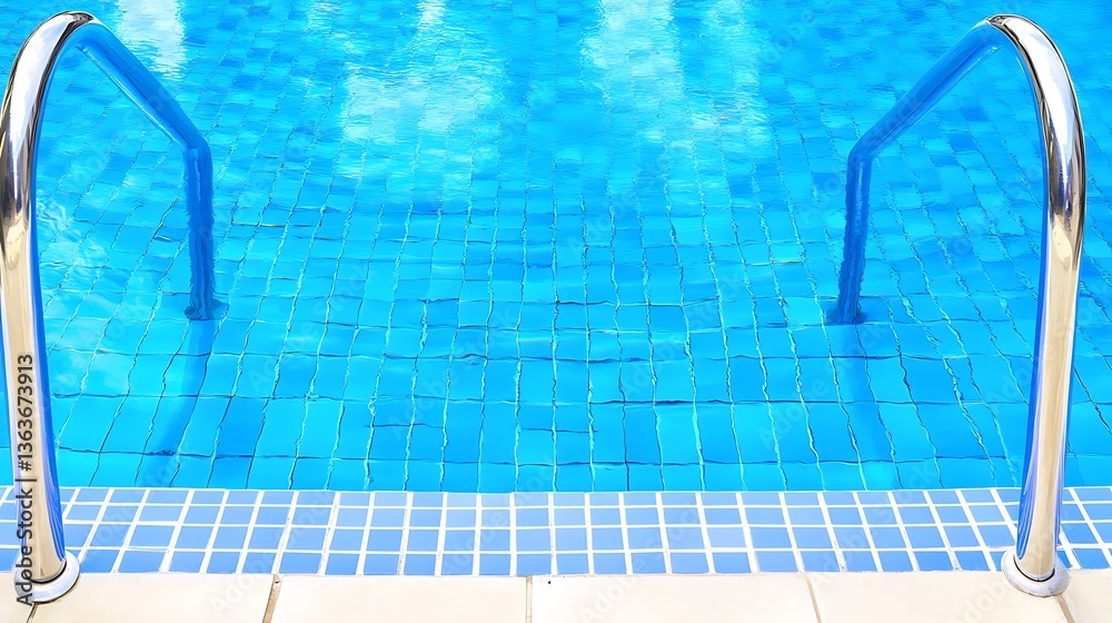 Poolside view of blue tiled swimming pool with metal railings. Poolside view of blue tiled swimming pool with metal railings.