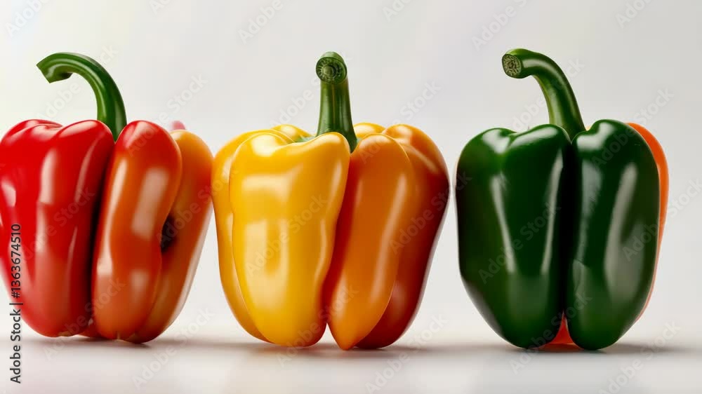 Bright bell peppers: red, yellow and green on white background
