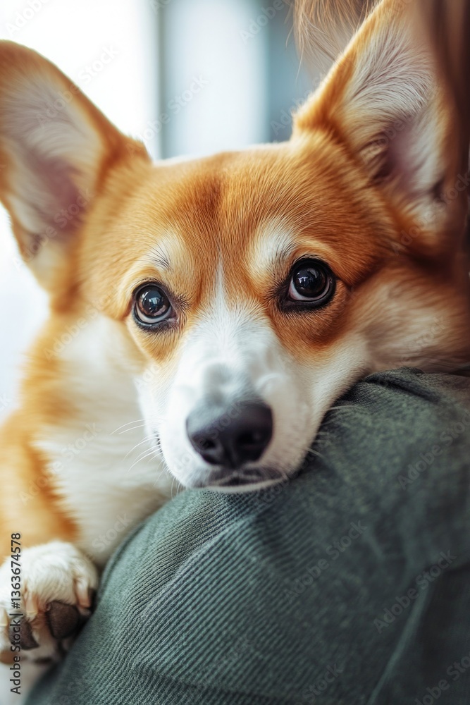 Sad puppy on sofa with open eyes and furrowed brows. Sad puppy on sofa with open eyes and furrowed brows.