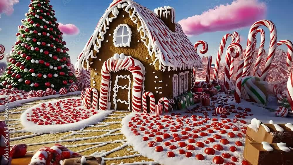 Festive gingerbread house scene with candy cane details and Christmas tree, against a candy-filled winter landscape