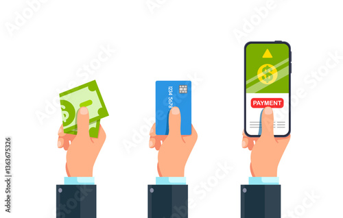 image of hands holding card and banknotes and phone. drawing on white background. Modern flat style vector illustration clipart