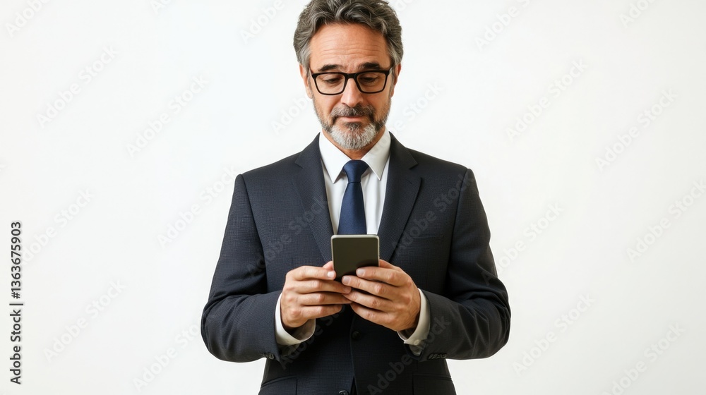 Professional in suit looking at smartphone, focus on communication, technology theme Professional in suit looking at smartphone, focus on communication, technology theme