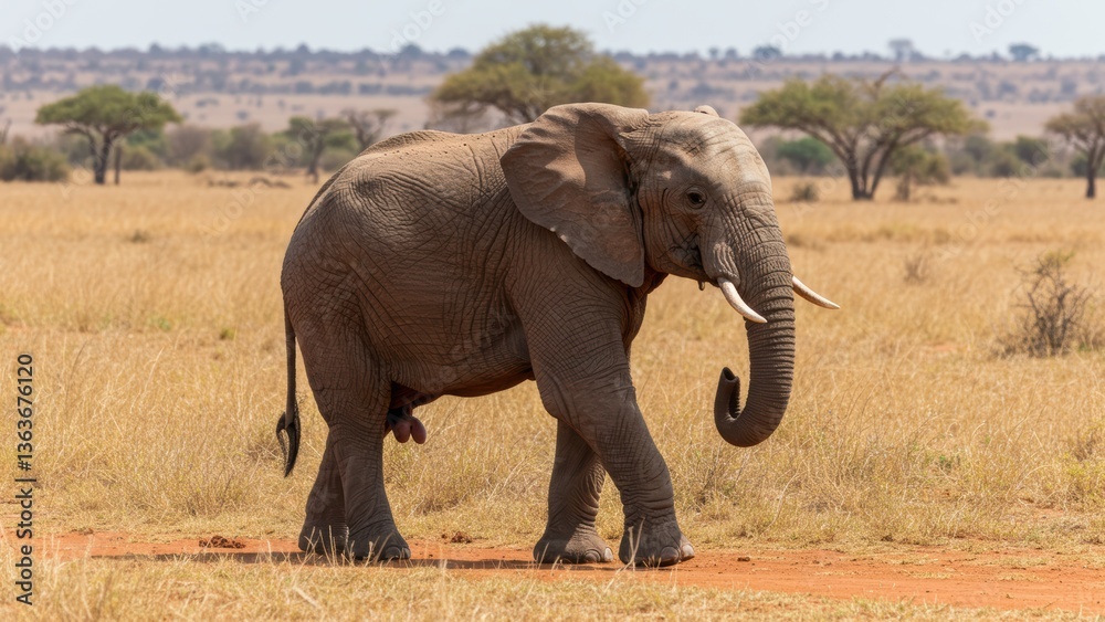 Fototapeta premium A majestic elephant walks through a golden, grassy African savanna.