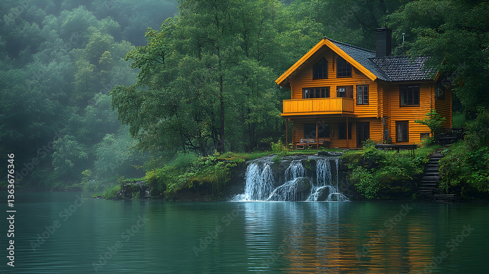 Fototapeta premium Wooden cabin nestled by a serene lake with a waterfall in a lush forest setting