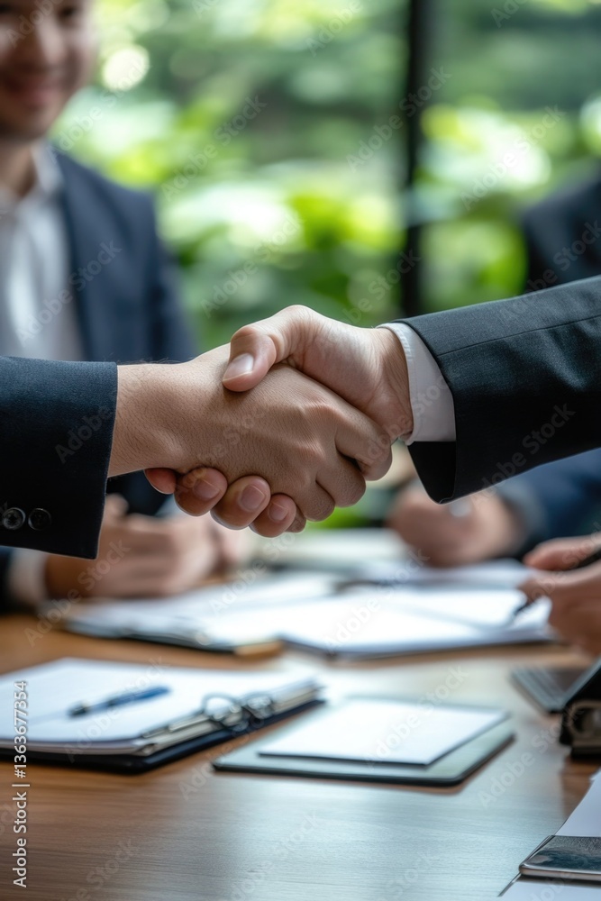 Two business professionals shaking hands over a conference table. Two business professionals shaking hands over a conference table.