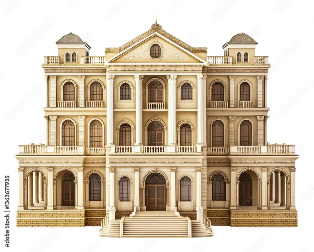 Fototapeta premium Urban landscape classic front view of historical architectural model isolated on transparent background