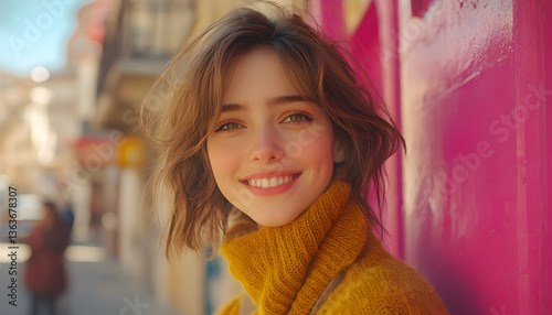Woman smiling, bright pink wall backdrop, with a gold sweater outdoors in natural lighting