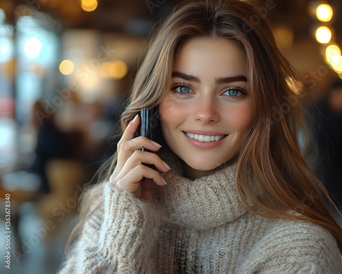 Woman smiling holding phone in cozy sweater